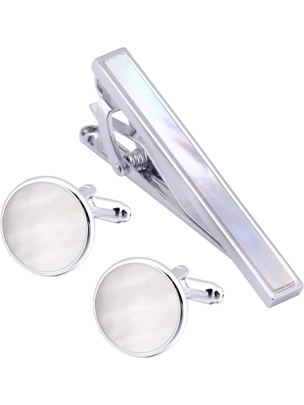 Handmade Silver Cufflinks & Tie Clip Set | Real Mother of Pearl Men's